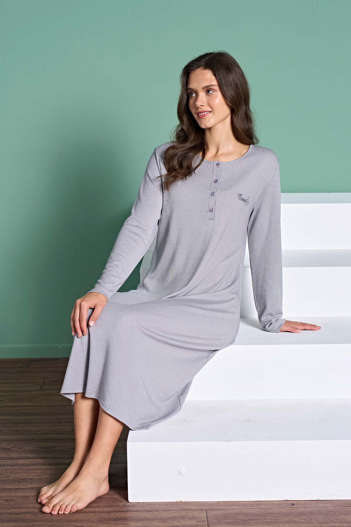 Pınarca Kadın Gecelik Uzun Kollu Düğmeli Düz Melisa
