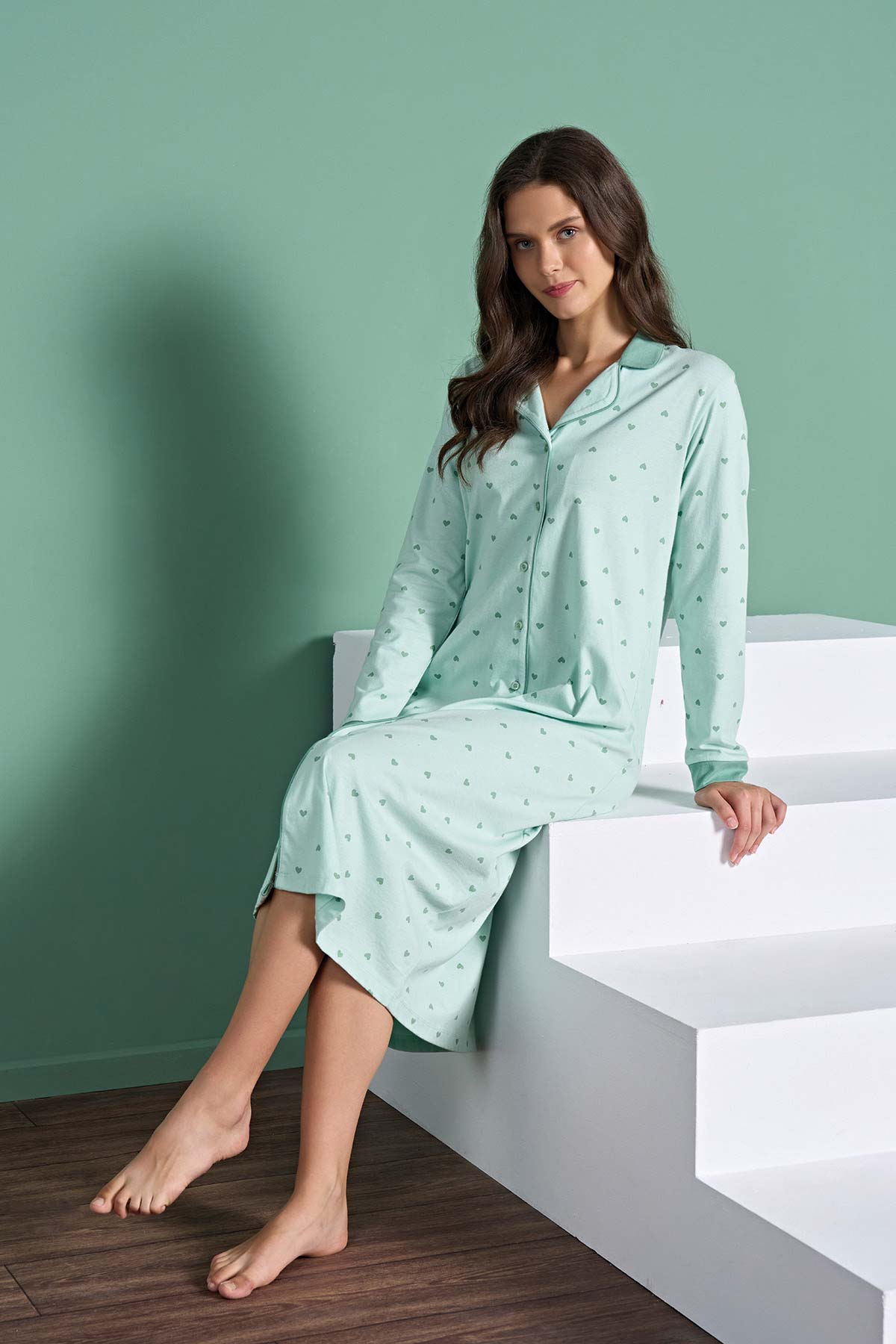 Pınarca Kadın Gecelik Uzun Kollu Gömlek Yaka Kalp Desenli Pamuklu