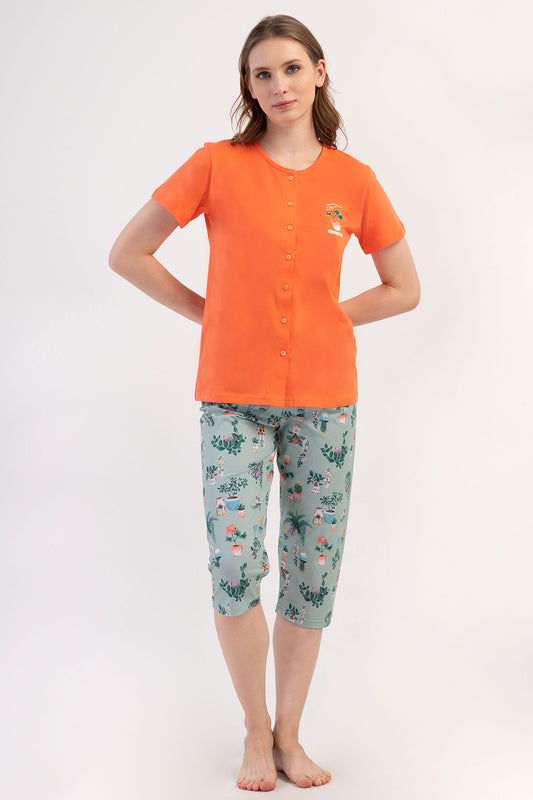Pınarca Kadın Kapri Takım Kısa Kollu Pamuklu Gömlek Yaka Çiçek Baskılı
