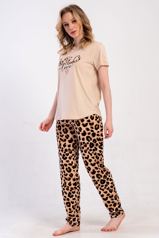 Pınarca Kadın Pijama Takım Büyük Beden Kısa Kollu Pamuklu Bisiklet Yaka Leopar Desenli