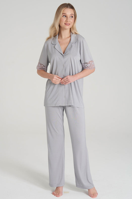 Pınarca Kadın Pijama Takım Düğmeli Kısa Kollu Gömlek Yaka