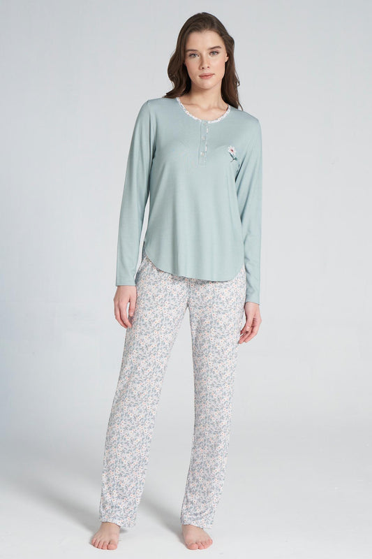 Pınarca Kadın Pijama Takımı Düğmeli Bisiklet Yaka Çiçek Desenli