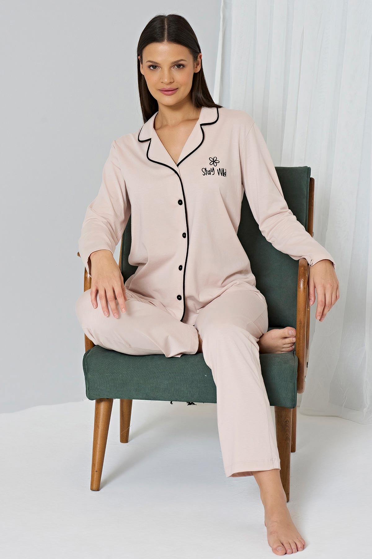 Pınarca Kadın Pijama Takımı Gömlek Yaka Uzun Kollu Büyük Beden