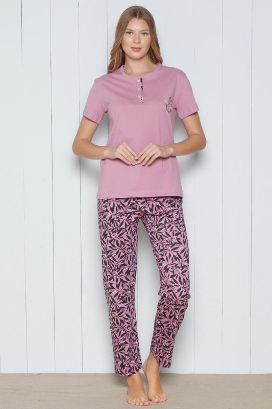 Pınarca Kadın Pijama Takımı Kısa Kollu 3 Düğmeli Büyük Beden Pamuklu