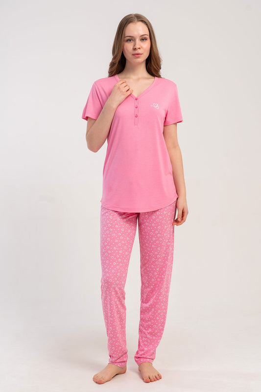 Pınarca Kadın Pijama Takımı Kısa Kollu 3 Düğmeli Desenli Viskon