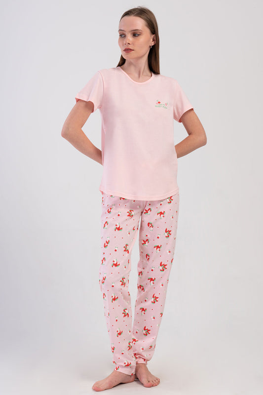 Pınarca Kadın Pijama Takımı Kısa Kollu Pamuklu Bisiklet Yaka Çilek Desenli