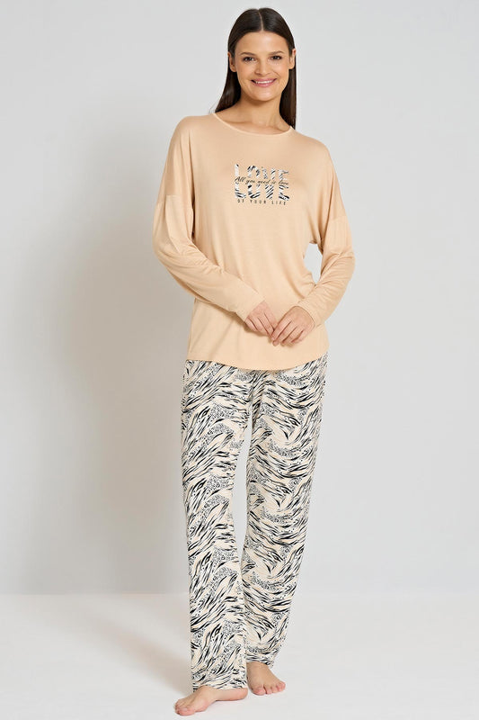 Pınarca Kadın Pijama Takımı Uzun Kollu Bisiklet Yaka Desenli