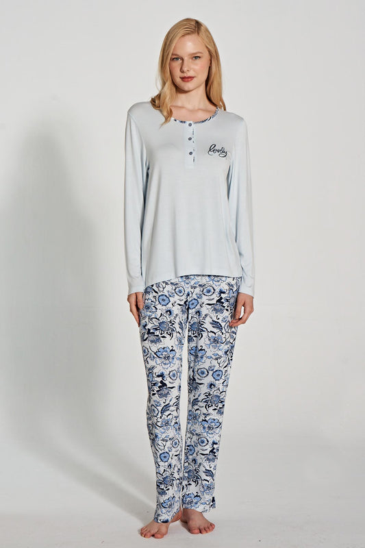 Pınarca Kadın Pijama Takımı Uzun Kollu Düğmeli Bisiklet Yaka