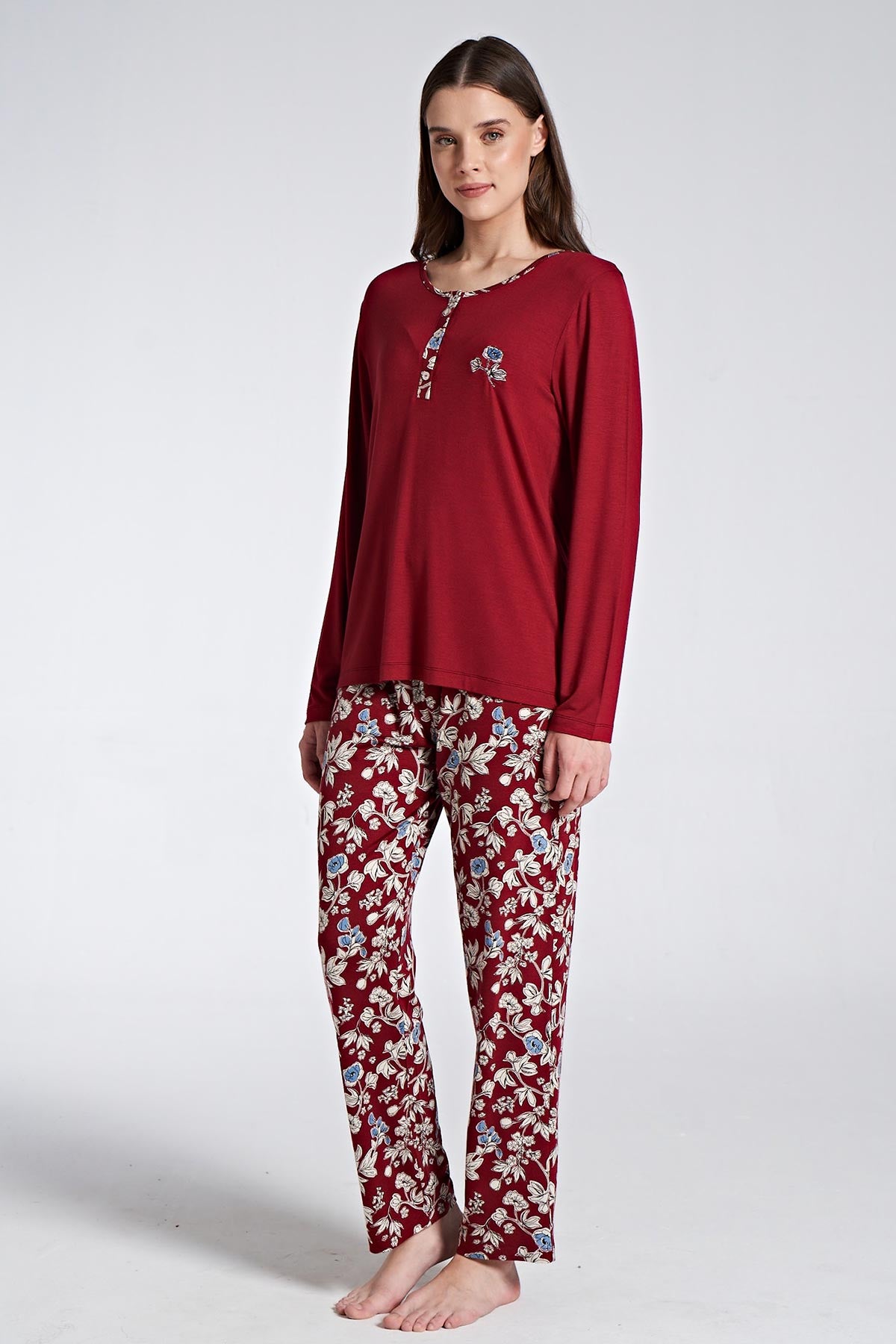 Pınarca Kadın Pijama Takımı Uzun Kollu Düğmeli Çiçek Desenli