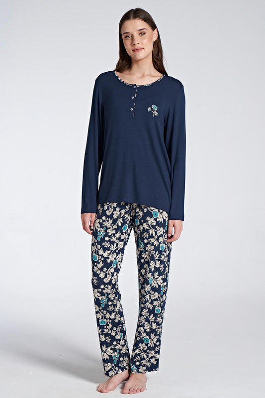 Pınarca Kadın Pijama Takımı Uzun Kollu Düğmeli Çiçek Desenli