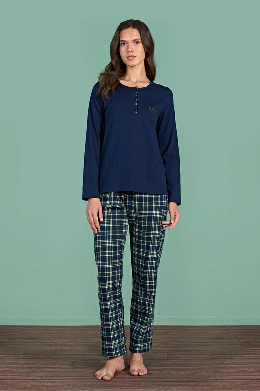 Pınarca Kadın Pijama Takımı Uzun Kollu Düğmeli Ekoseli Pamuklu Eşli