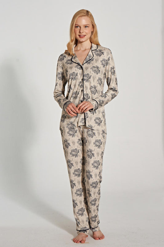 Pınarca Kadın Pijama Takımı Uzun Kollu Düğmeli Gömlek Yaka