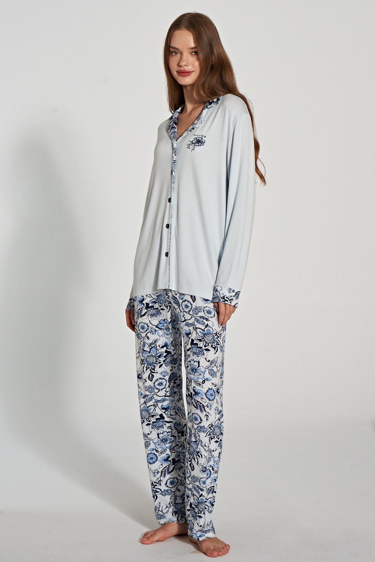 Pınarca Kadın Pijama Takımı Uzun Kollu Düğmeli Gömlek Yaka