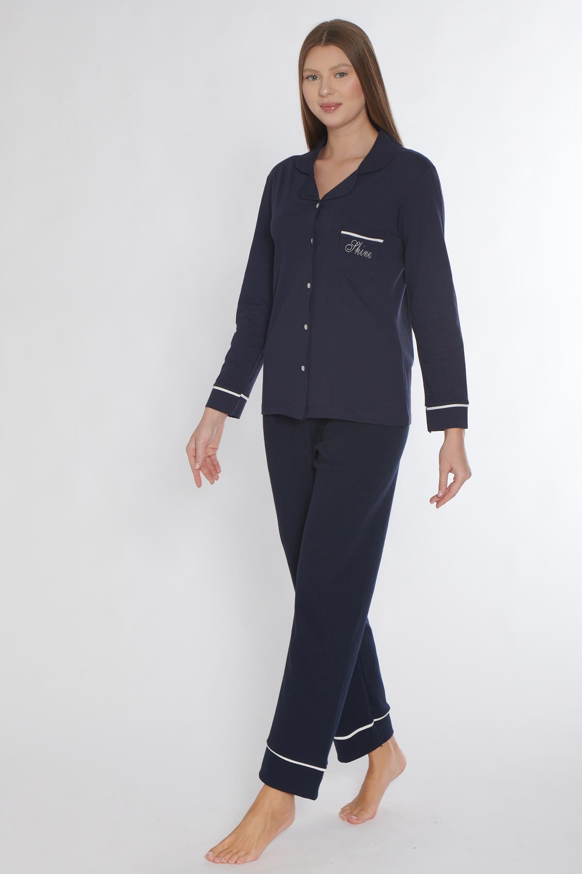 Pınarca Kadın Pijama Takımı Uzun Kollu Düğmeli Gömlek Yaka Biyeli Cepli