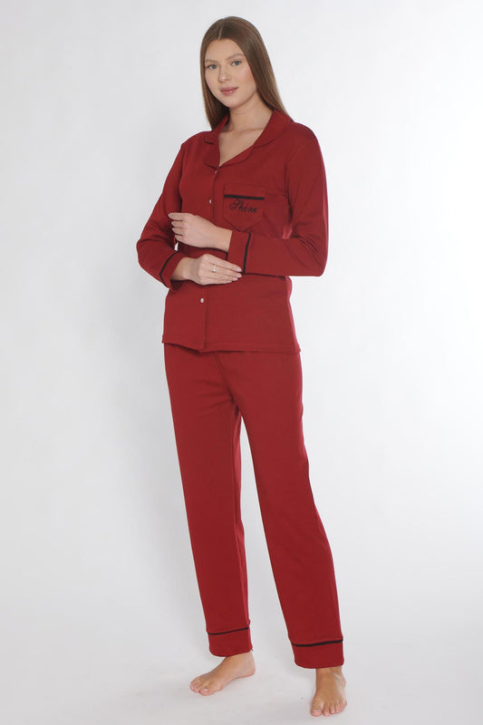 Pınarca Kadın Pijama Takımı Uzun Kollu Düğmeli Gömlek Yaka Biyeli Cepli Pamuklu