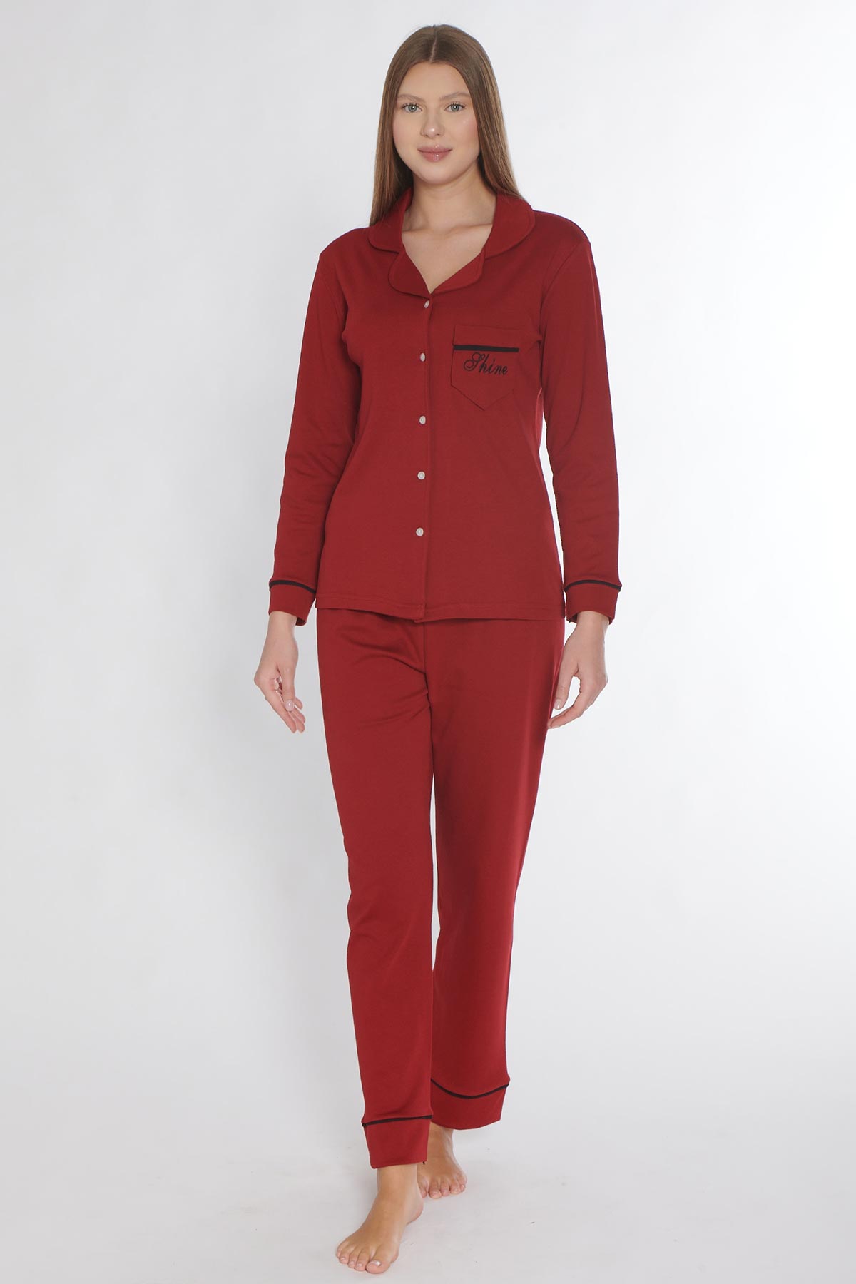 Pınarca Kadın Pijama Takımı Uzun Kollu Düğmeli Gömlek Yaka Biyeli Cepli Pamuklu