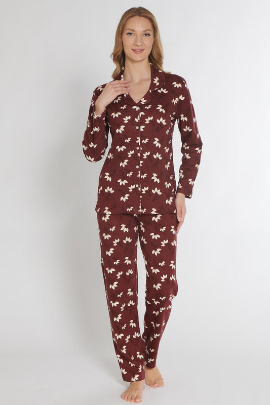 Pınarca Kadın Pijama Takımı Uzun Kollu Düğmeli Gömlek Yaka İnterlok Çiçek Desenli