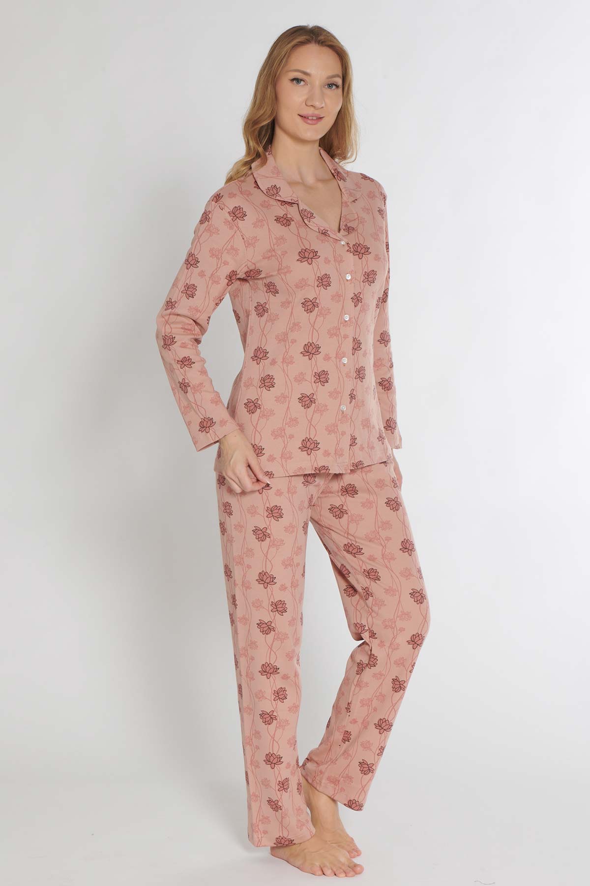 Pınarca Kadın Pijama Takımı Uzun Kollu Düğmeli Gömlek Yaka İnterlok Çiçek Desenli
