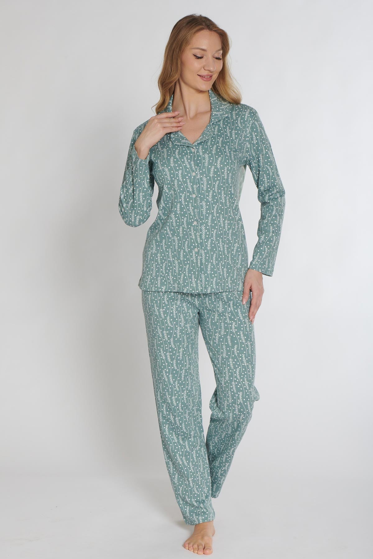 Pınarca Kadın Pijama Takımı Uzun Kollu Düğmeli Gömlek Yaka İnterlok Desenli