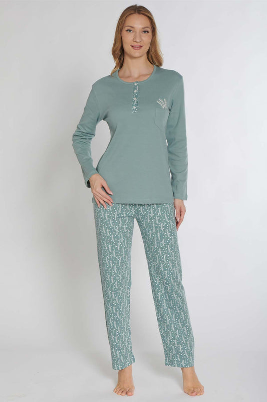 Pınarca Kadın Pijama Takımı Uzun Kollu Düğmeli İnterlok Desenli