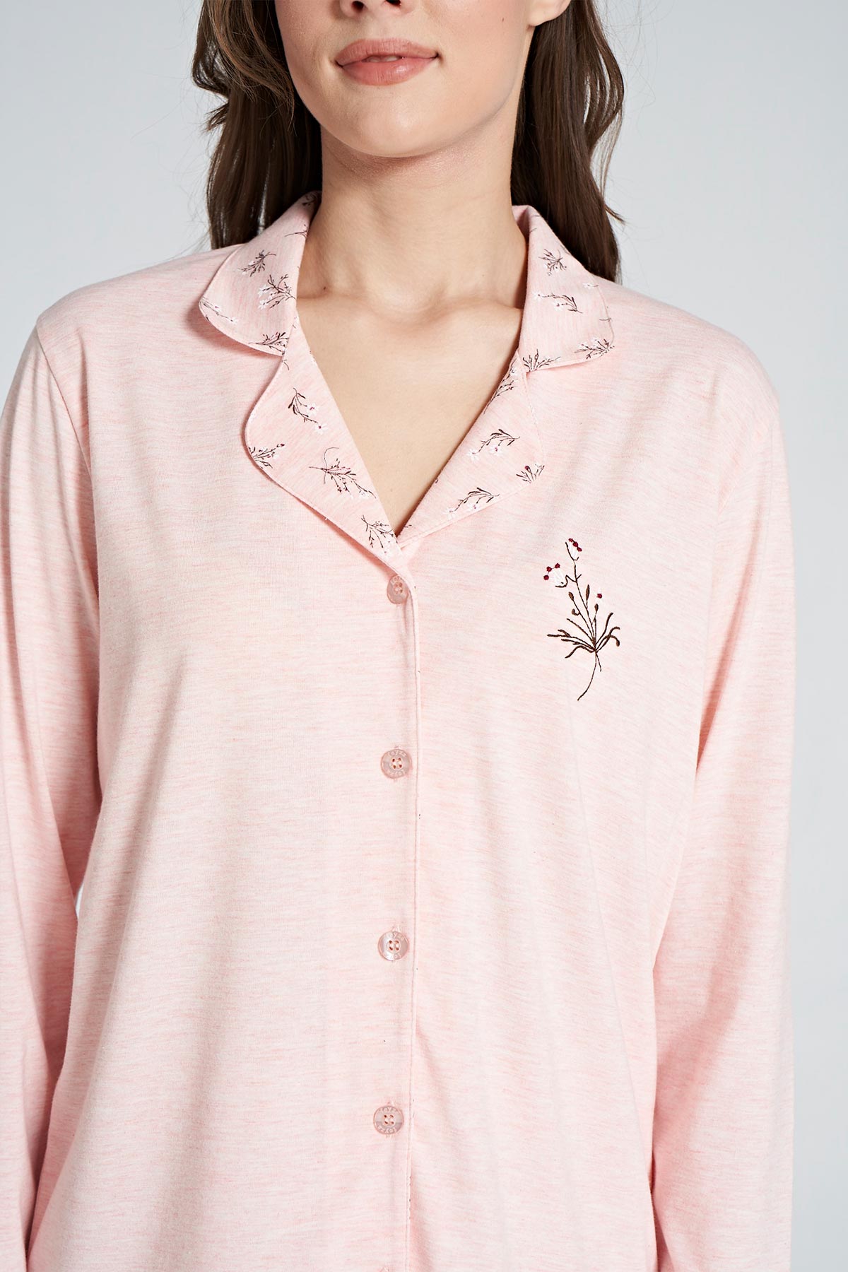 Pınarca Kadın Pijama Takımı Uzun Kollu Gömlek Yaka Çiçekli