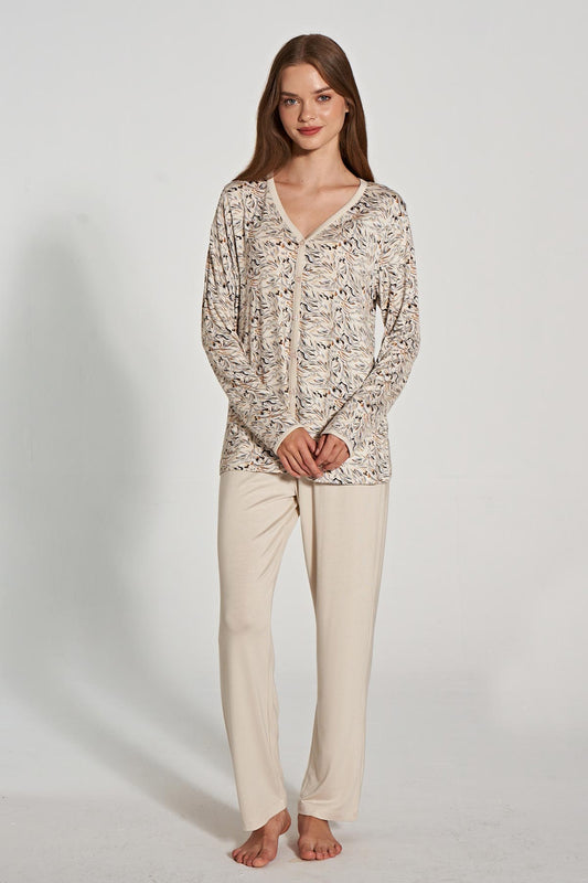 Pınarca Kadın Pijama Takımı Uzun Kollu Gömlek Yaka Desenli