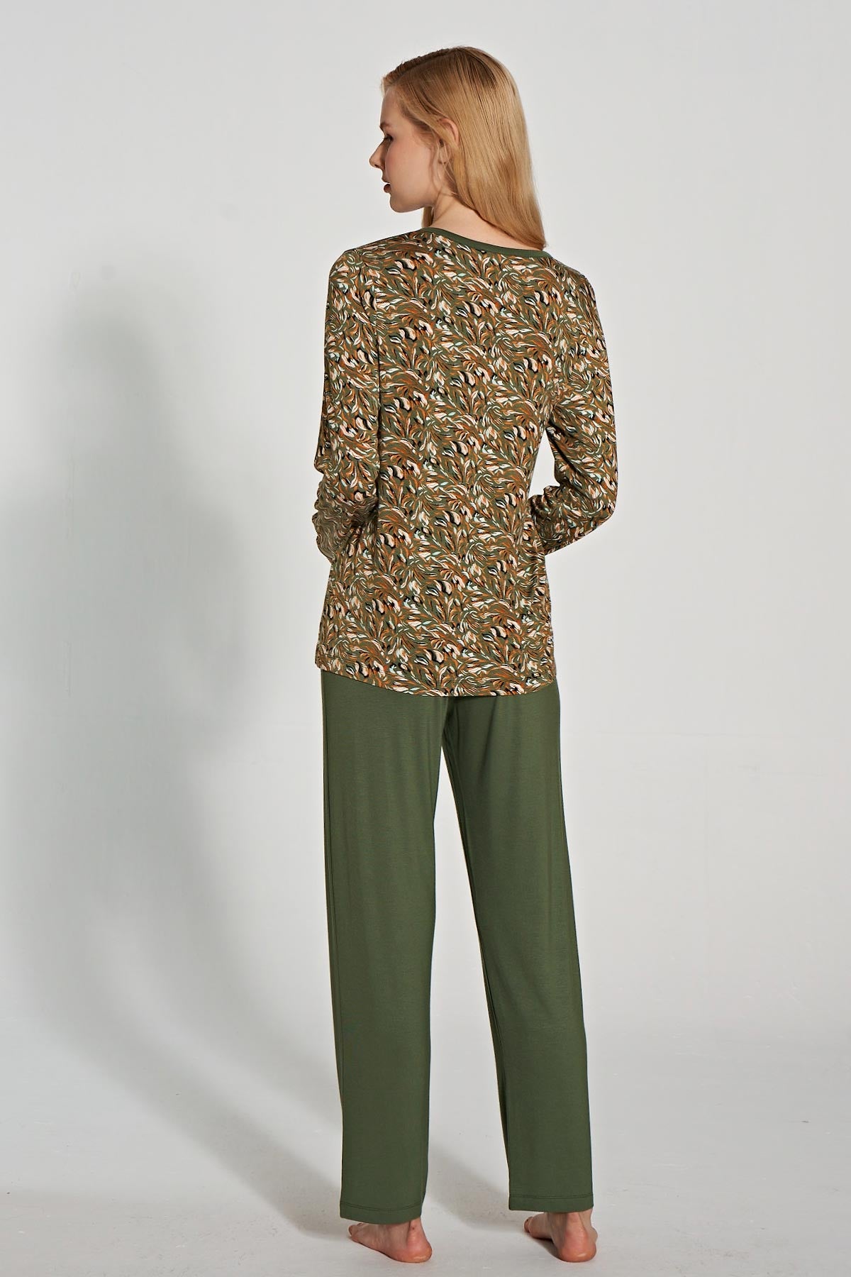 Pınarca Kadın Pijama Takımı Uzun Kollu Gömlek Yaka Desenli