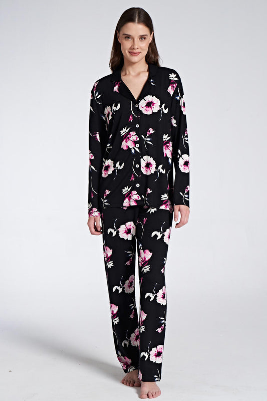 Pınarca Kadın Pijama Takımı Uzun Kollu Gömlek Yaka Düğmeli Çiçekli