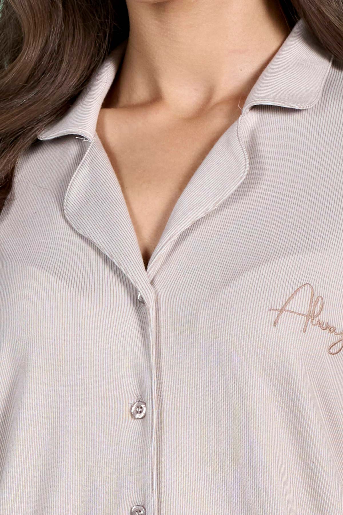 Pınarca Kadın Pijama Takımı Uzun Kollu Gömlek Yaka Düz Melisa