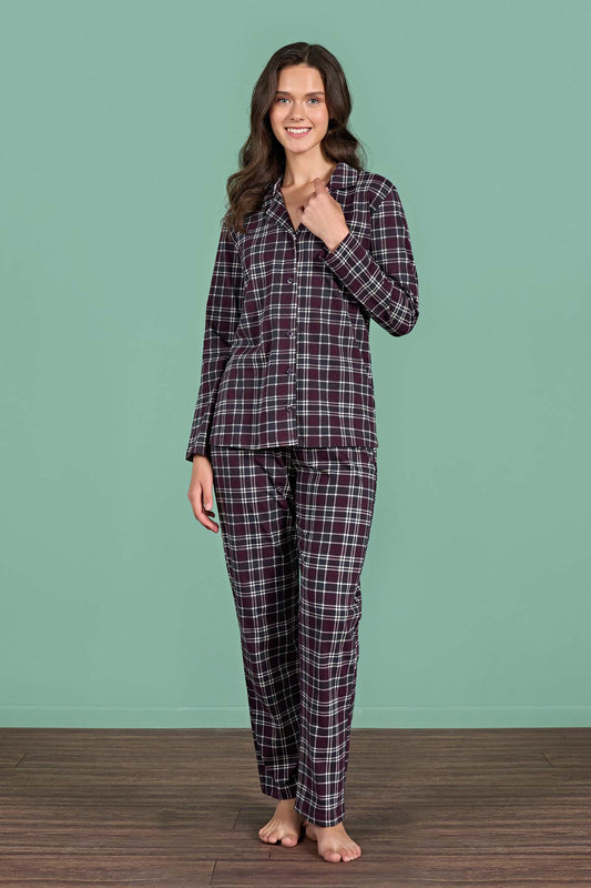 Pınarca Kadın Pijama Takımı Uzun Kollu Gömlek Yaka Ekoseli Pamuklu Eşli