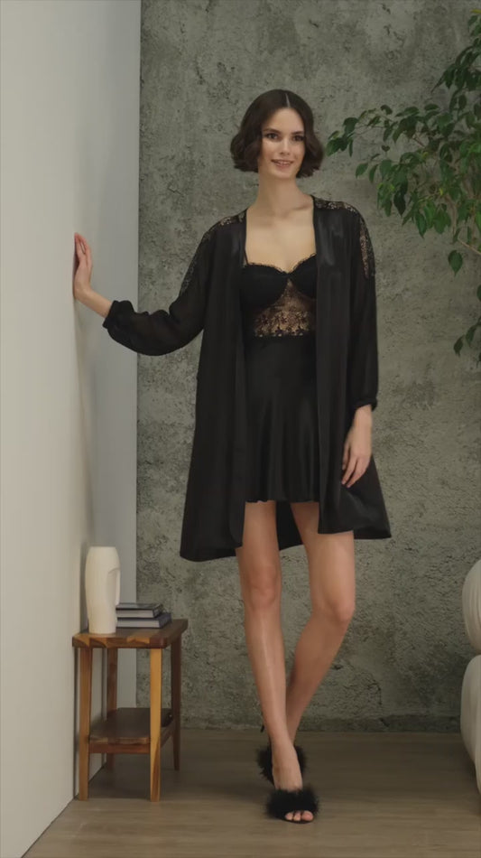 Pierre Cardin kadın saten set siyah detay görünüm - komple set