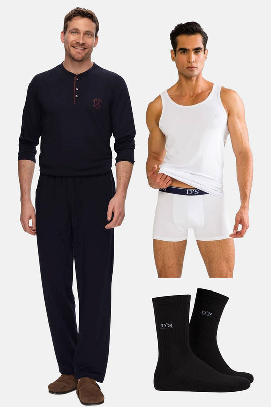 DS Damat çeyiz seti – 5 parçalı erkek pijama, atlet, boxer ve çorap takımı