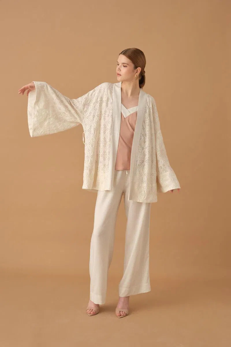 NICOLE - Kimonolu Keten Kadın Pijama Takımı - Neutral