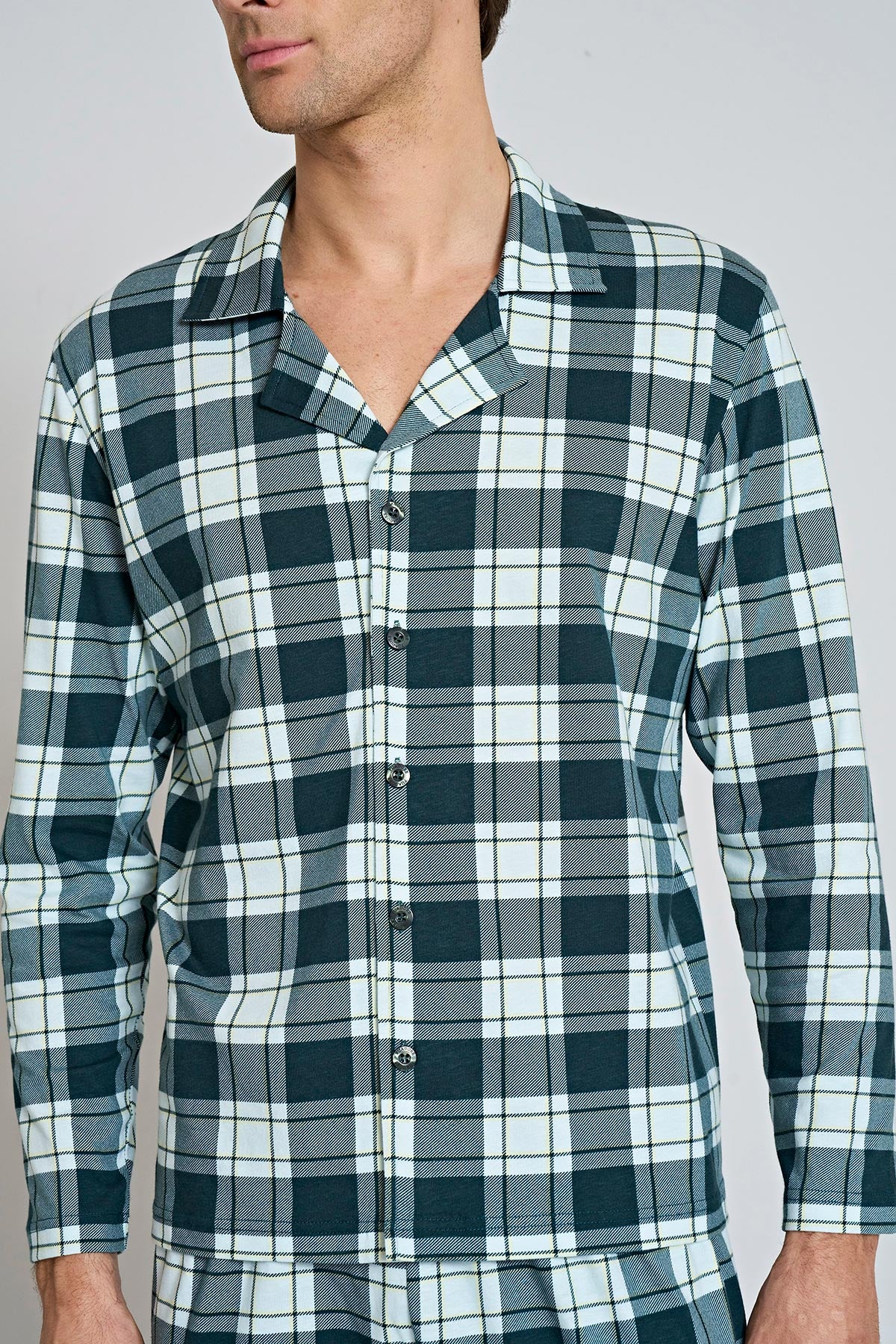 Pınarca penye pijama seti detay – gömlek yaka kareli rahat model