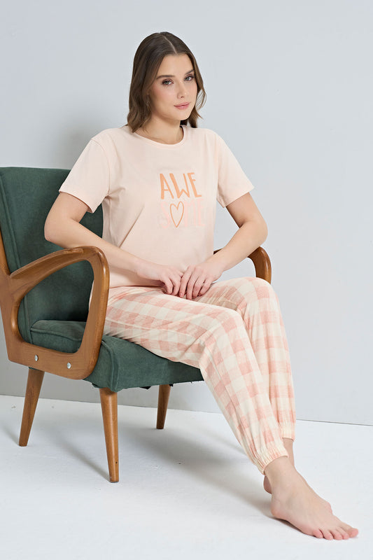 Pınarca Awesome yazılı kısa kollu kadın pijama takımı ön görünüm