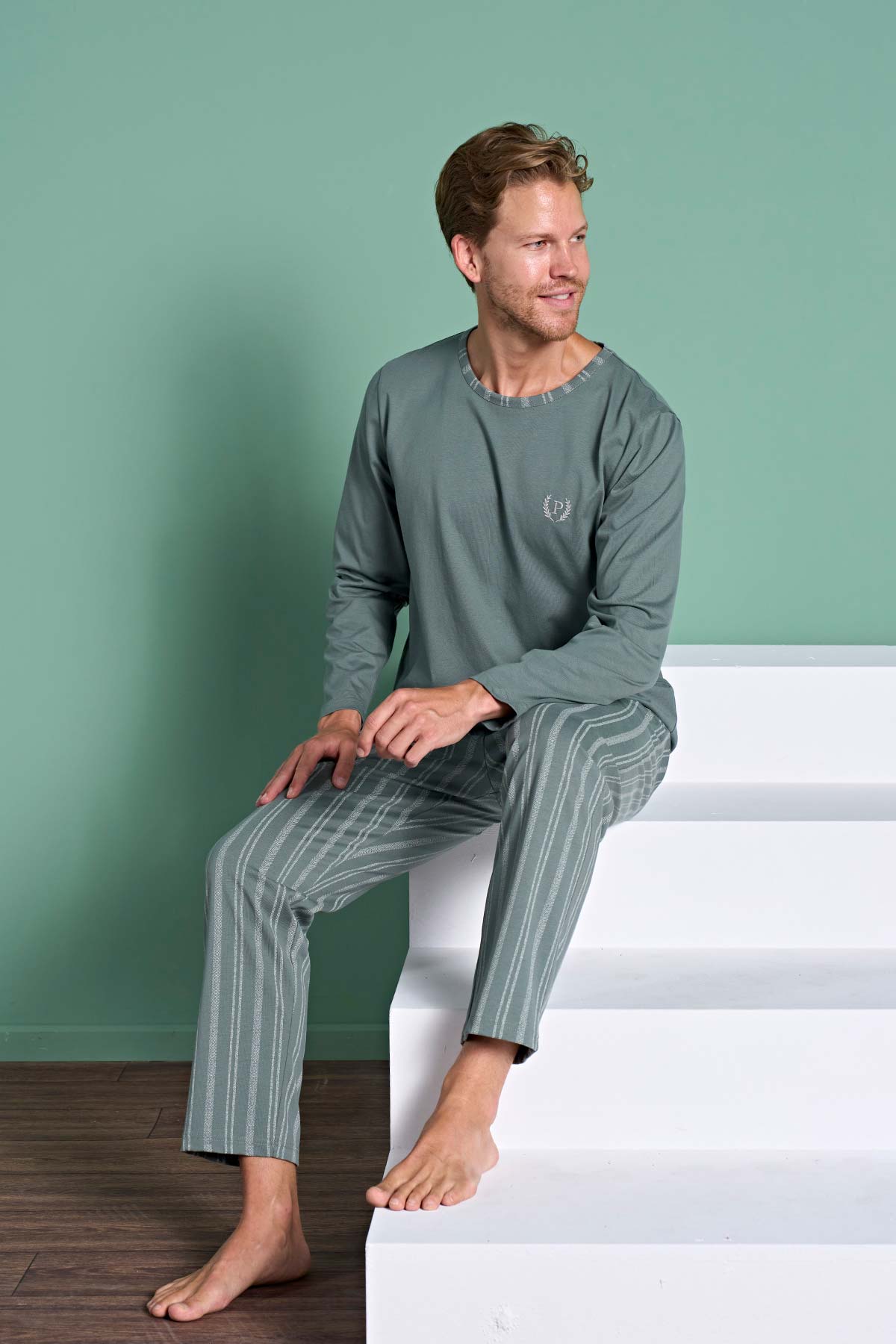  Pınarca erkek pijama takımı uzun kollu çizgili alternatif renk detay