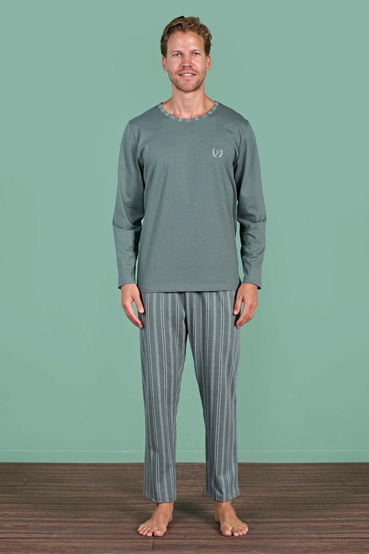 Pınarca uzun kollu çizgili erkek pijama takımı alternatif renk tam görünüm