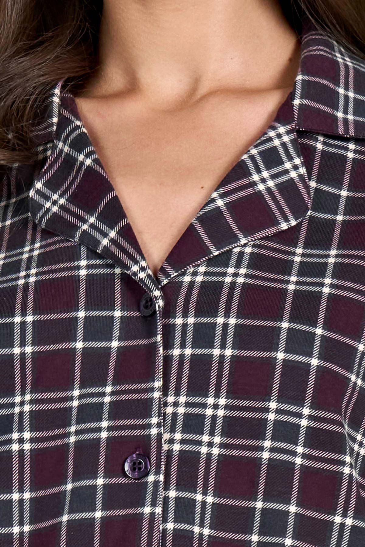 Pınarca kadın pijama takımı gömlek yaka ekoseli pamuklu eşli - alternatif renk kumaş detay