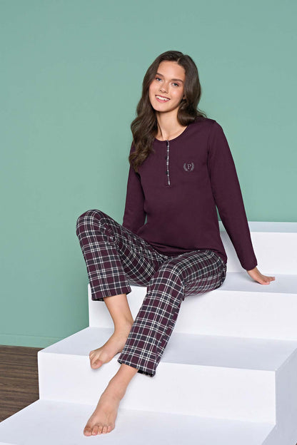 Pınarca kadın pijama takımı uzun kollu düğmeli ekoseli pamuklu eşli - detay görünüm