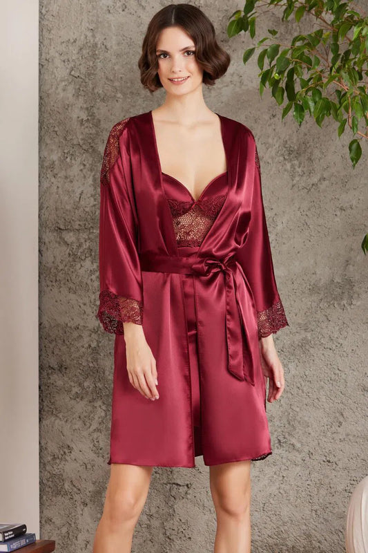 Pierre Cardin kadın saten 6'lı gecelik sabahlık takım bordo renk - lüks gelin çeyiz seti
