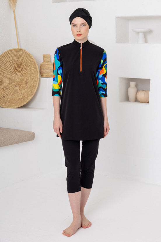 Adasea Kadın Yarı Kapalı Mayo Yarım Kollu Edgar Likralı Kollar Desenli Yarım Fermuarlı