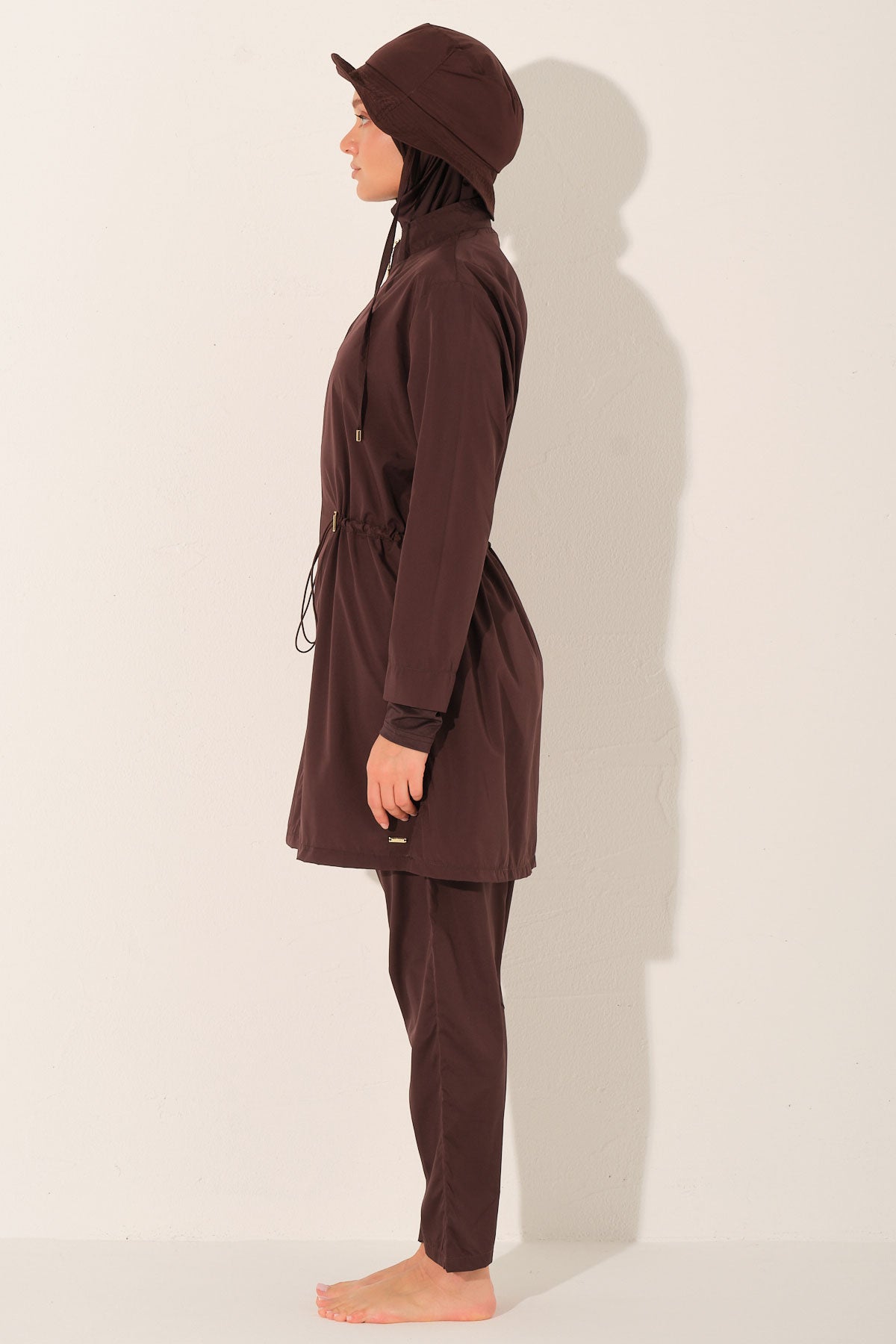 Alfasa Kadın Tam Kapalı Tesettür Mayo Beli Lastikli Kepli Paraşüt Kumaş Düz Paça