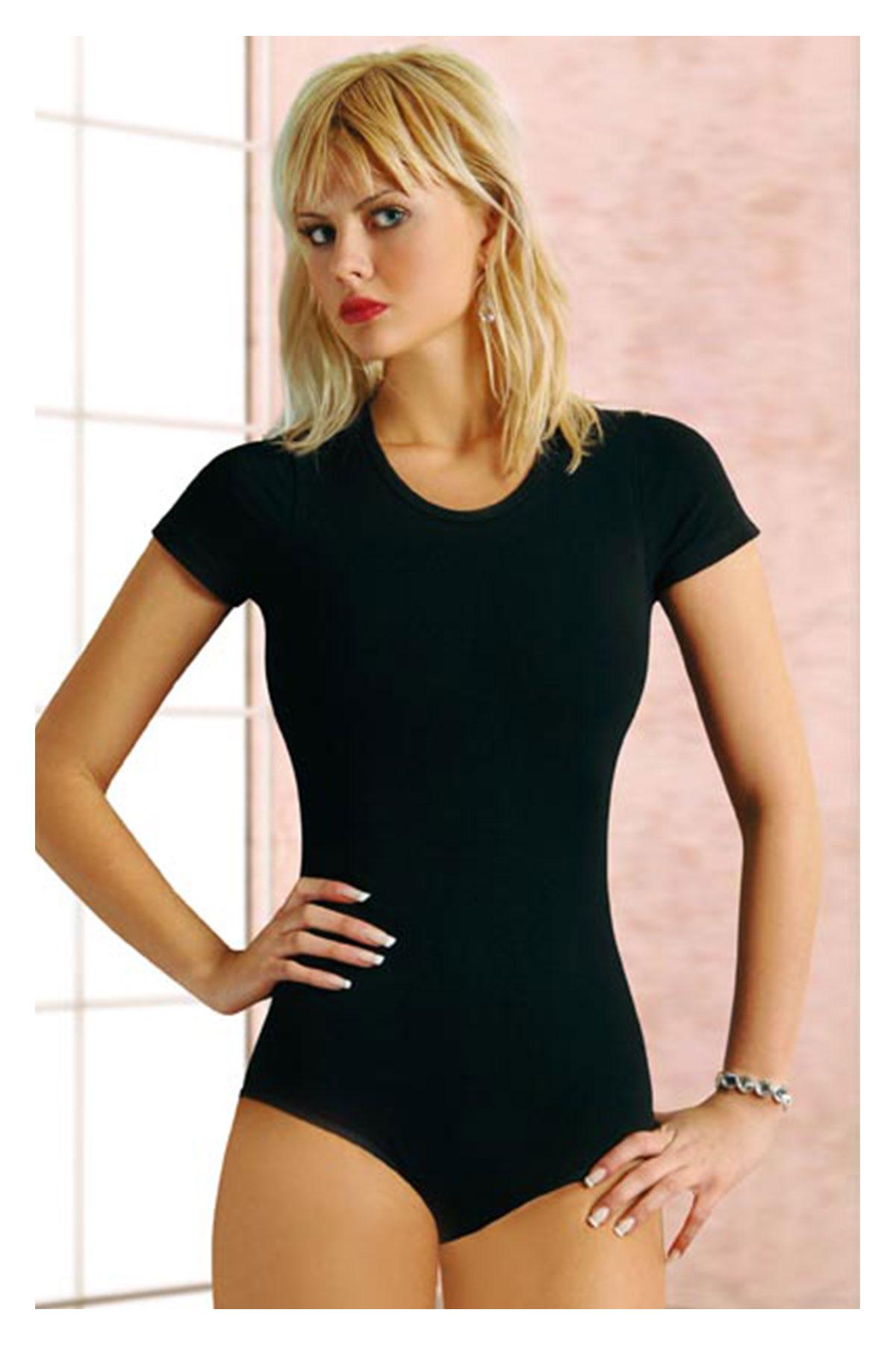 Anıt Kadın Çıtçıtlı Body Likralı Sıfır Yaka Kısa Kollu