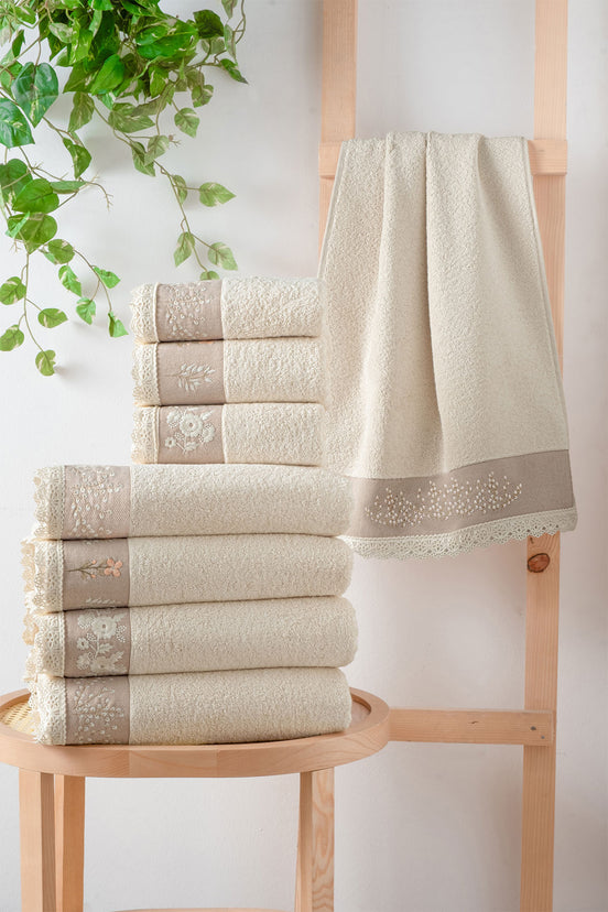 Arliva El-Yüz Havlusu 50x90 Natural Bukle Nakışlı Dantelli