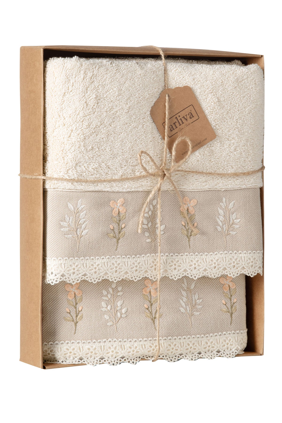 Arliva El-Yüz Havlusu 50x90 Natural Bukle Nakışlı Dantelli