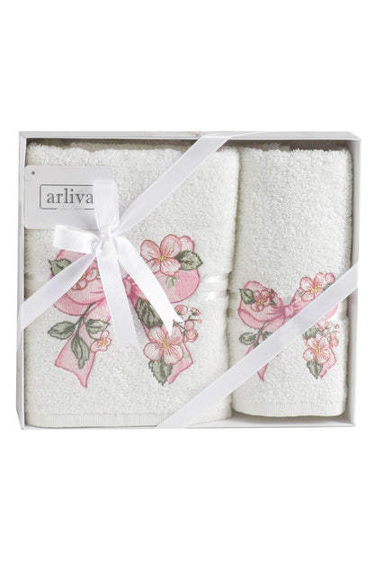 Arliva Havlu Set 30X50 50x85 2'li Bukle Nakışlı Çiçek Fiyonk