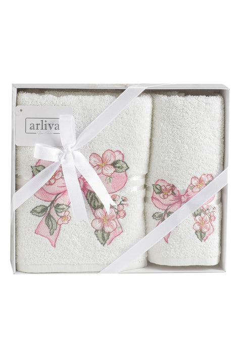 Arliva Havlu Set 30X50 50x85 2'li Bukle Nakışlı Çiçek Fiyonk