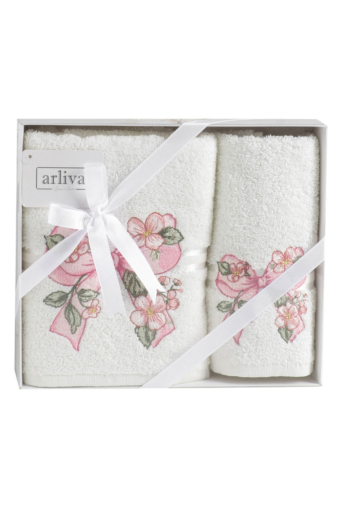 Arliva Havlu Set 30X50 50x85 2'li Bukle Nakışlı Çiçek Fiyonk