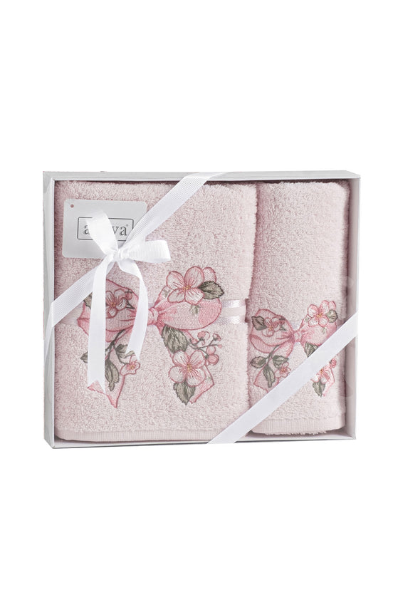 Arliva Havlu Set 30X50 50x85 2'li Bukle Nakışlı Çiçek Fiyonk