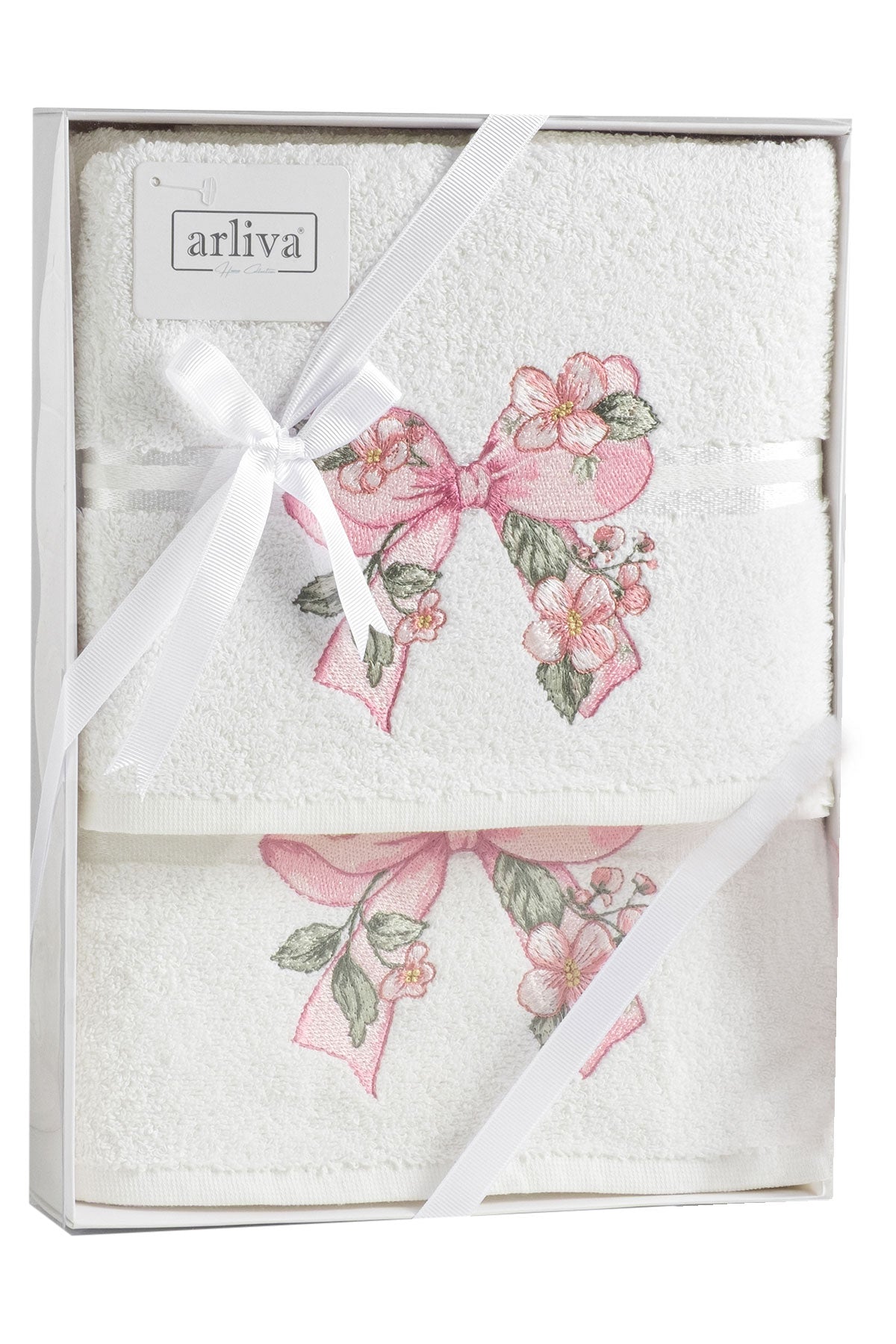 Arliva Havlu Set 50x85 70x140 2'li Bukle Nakışlı Çiçek Fiyonk
